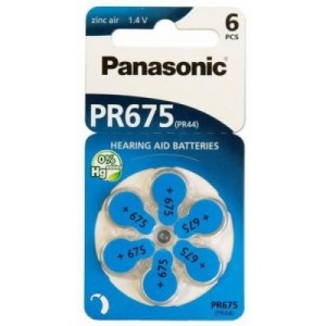 "PR675, Blister*6, Panasonic, PR-675H/6LB (PR44), 5.4x11.6mm, 605mAh
-  
  http://www.panasonic-batteries.com/eu/products/special/hearing_aid_batteries/PR675"