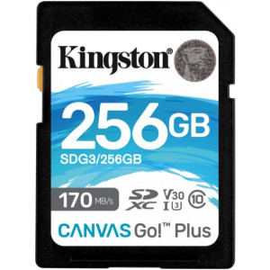 256GB SD Class10 UHS-I U3 (V30)  Kingston Canvas Go! Plus, Read: 170MB/s, Write: 70MB/s, Ideal for DSLRs/Drones/Action cameras, SDG3/256GB