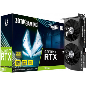 ZOTAC GeForce RTX 3060 Twin Edge OC  12GB GDDR6, 192bit, 1807/15000Mhz, Ampere, PCIeX16 4.0, Dual Fan / IceStorm 2.0, 1xHDMI, 3xDisplayPort, Active Fan Control/ FREEZE Fan Stop, Cooper Heat pipes, FireStorm, Metal Backplate, Medium Pack